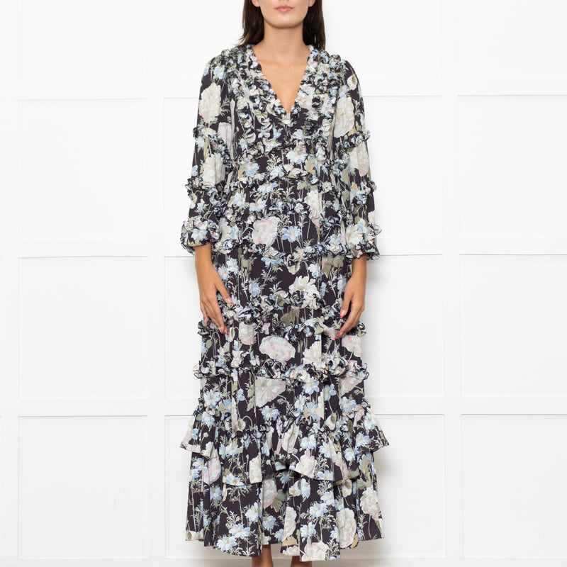 Needle & Thread Black Cream Green Floral Frill Detail Maxi Dress