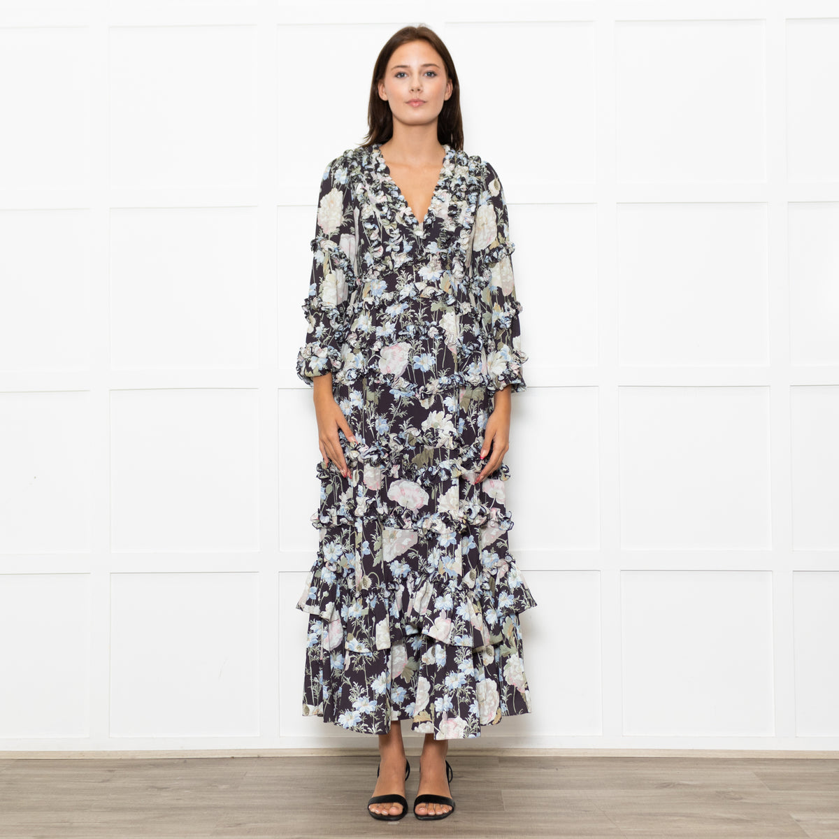 Needle & Thread Black Cream Green Floral Frill Detail Maxi Dress