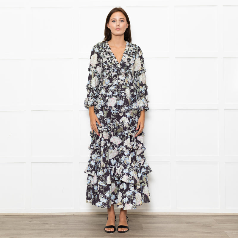 Needle & Thread Black Cream Green Floral Frill Detail Maxi Dress