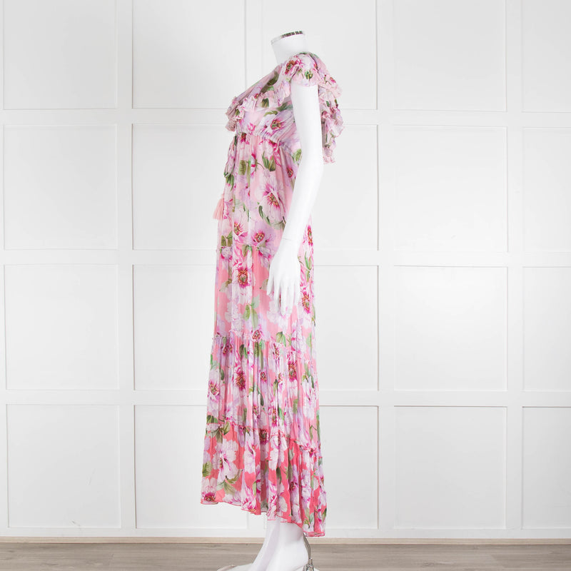 Miss June Pink Floral Frilled Off Shoulder Maxi Dress