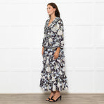 Needle & Thread Black Cream Green Floral Frill Detail Maxi Dress