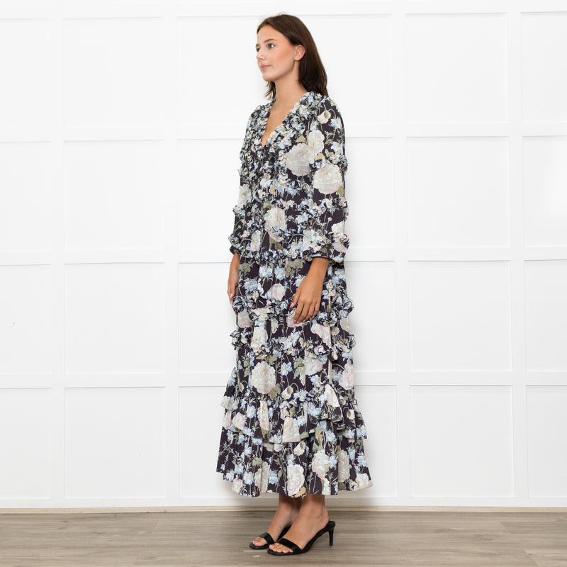 Needle & Thread Black Cream Green Floral Frill Detail Maxi Dress