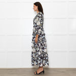 Needle & Thread Black Cream Green Floral Frill Detail Maxi Dress