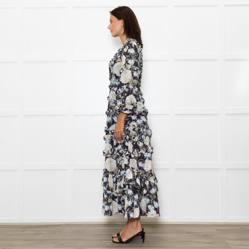 Needle & Thread Black Cream Green Floral Frill Detail Maxi Dress