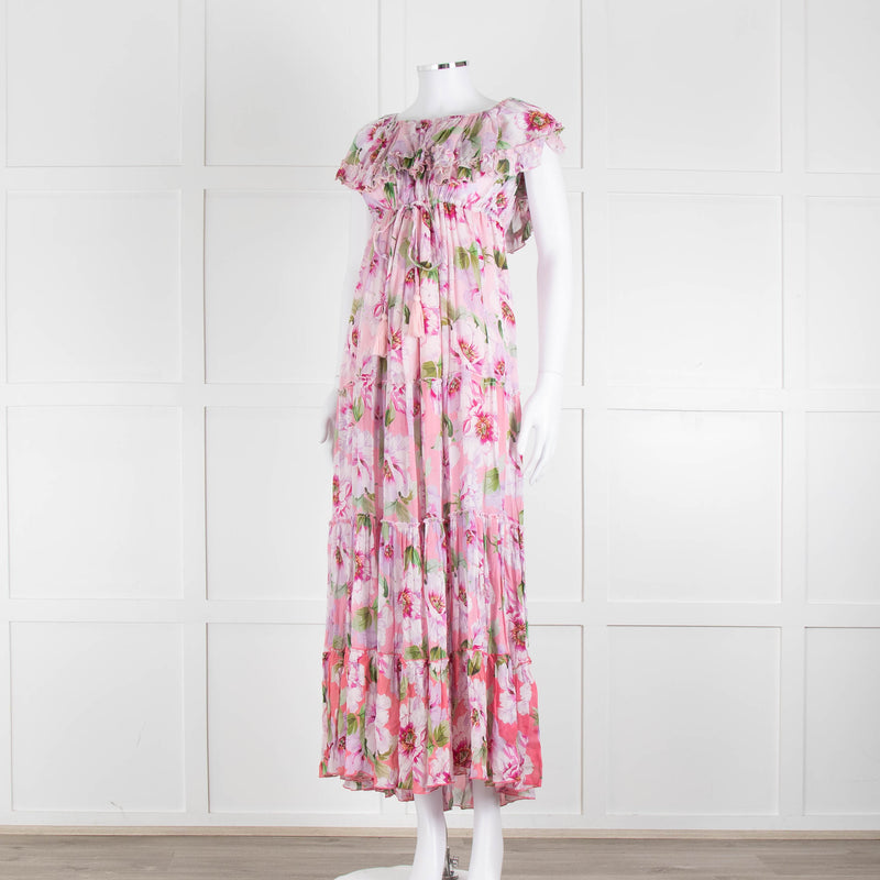 Miss June Pink Floral Frilled Off Shoulder Maxi Dress