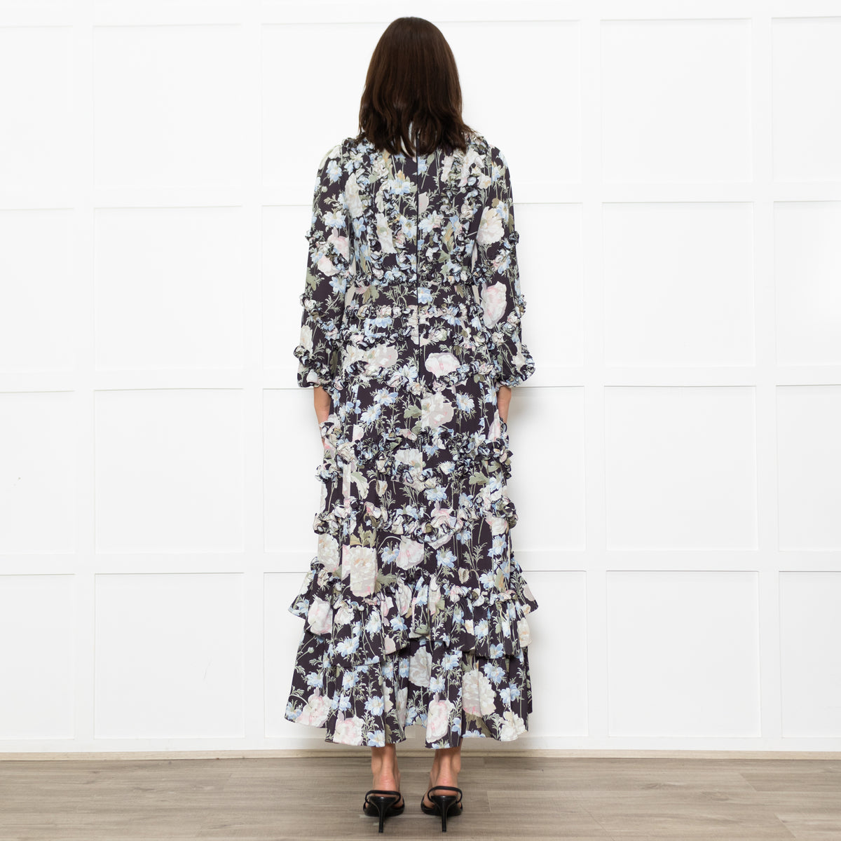 Needle & Thread Black Cream Green Floral Frill Detail Maxi Dress