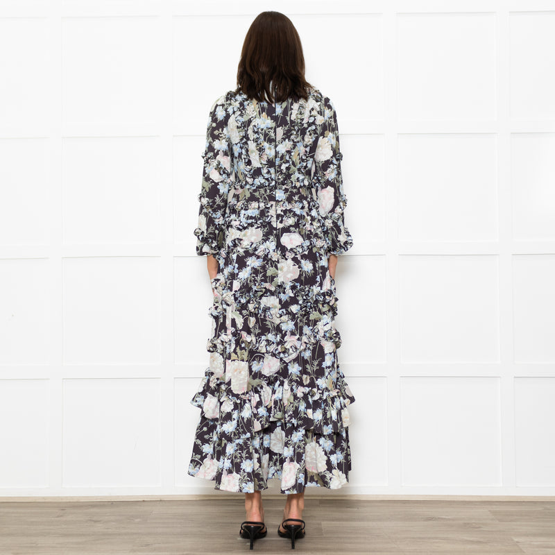 Needle & Thread Black Cream Green Floral Frill Detail Maxi Dress