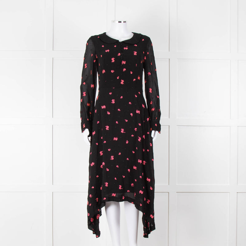 Claudie Pierlot Black Pink Floral Long Sleeve Asymmetric Bottom Dress