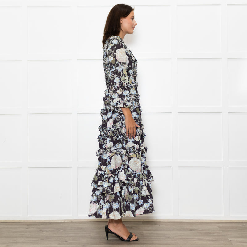 Needle & Thread Black Cream Green Floral Frill Detail Maxi Dress