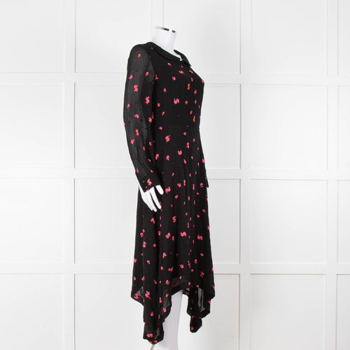 Claudie Pierlot Black Pink Floral Long Sleeve Asymmetric Bottom Dress