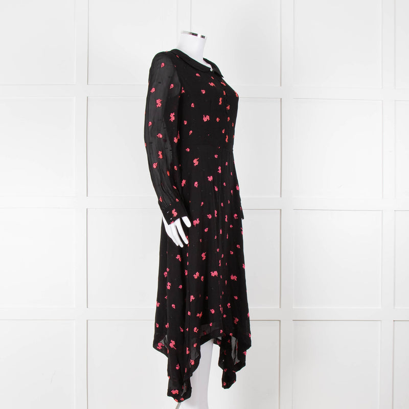 Claudie Pierlot Black Pink Floral Long Sleeve Asymmetric Bottom Dress