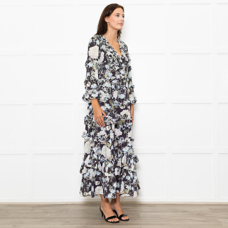 Needle & Thread Black Cream Green Floral Frill Detail Maxi Dress