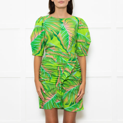 Farm Rio For Anthropologie Green Pink Leaf Print Short Dress
