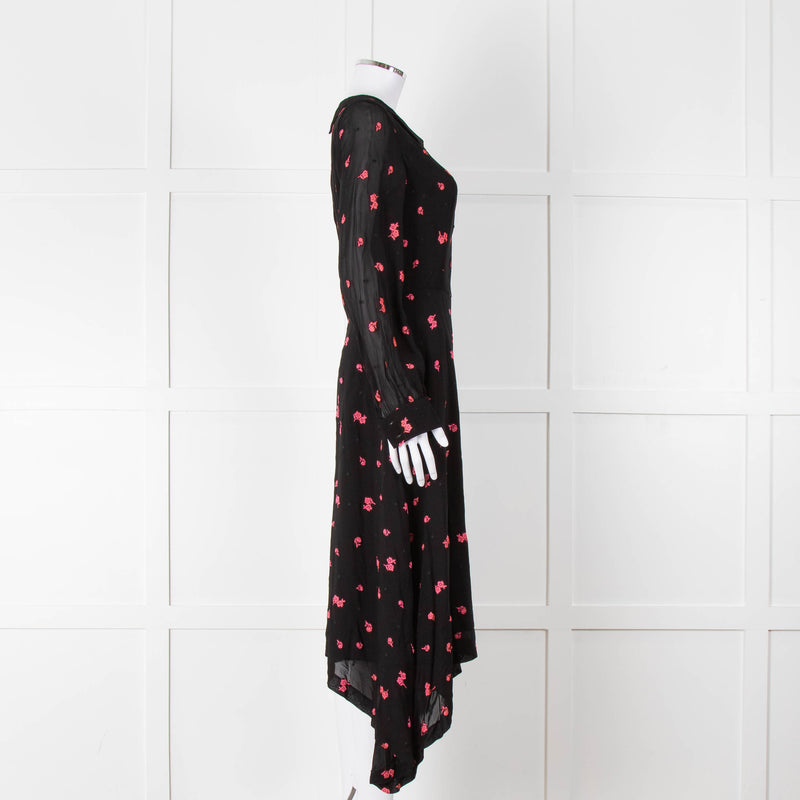 Claudie Pierlot Black Pink Floral Long Sleeve Asymmetric Bottom Dress