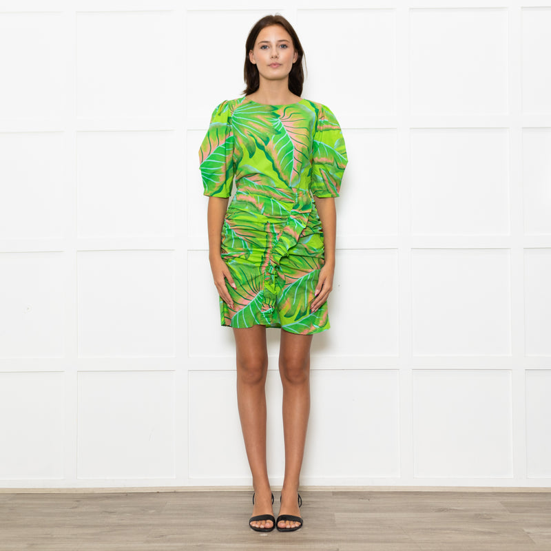 Farm Rio For Anthropologie Green Pink Leaf Print Short Dress