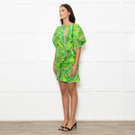 Farm Rio For Anthropologie Green Pink Leaf Print Short Dress