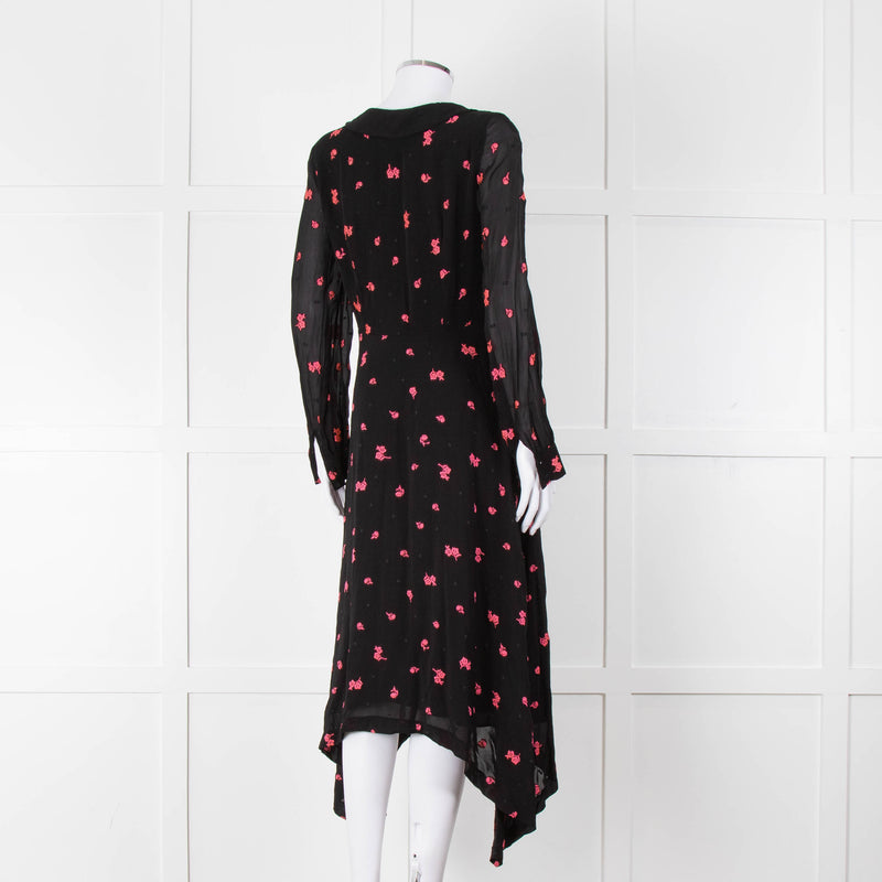 Claudie Pierlot Black Pink Floral Long Sleeve Asymmetric Bottom Dress