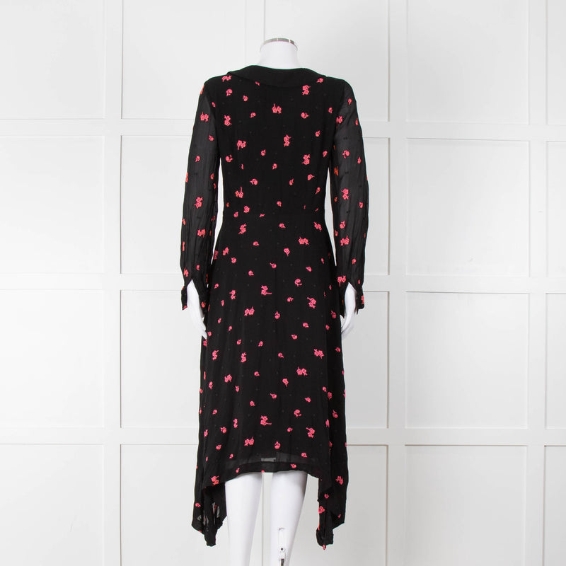Claudie Pierlot Black Pink Floral Long Sleeve Asymmetric Bottom Dress