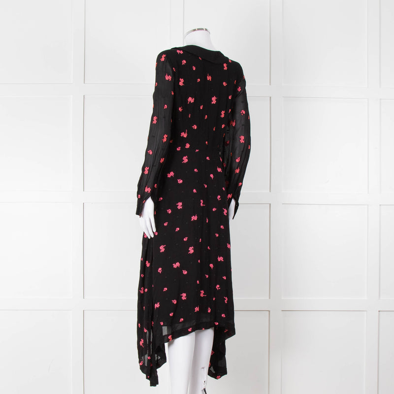 Claudie Pierlot Black Pink Floral Long Sleeve Asymmetric Bottom Dress
