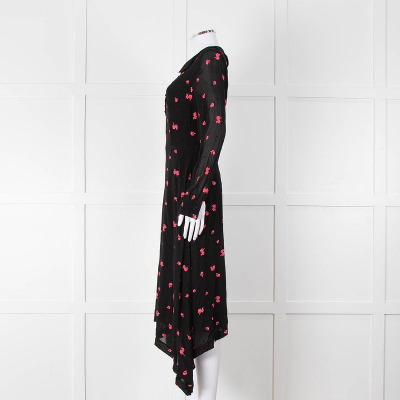 Claudie Pierlot Black Pink Floral Long Sleeve Asymmetric Bottom Dress