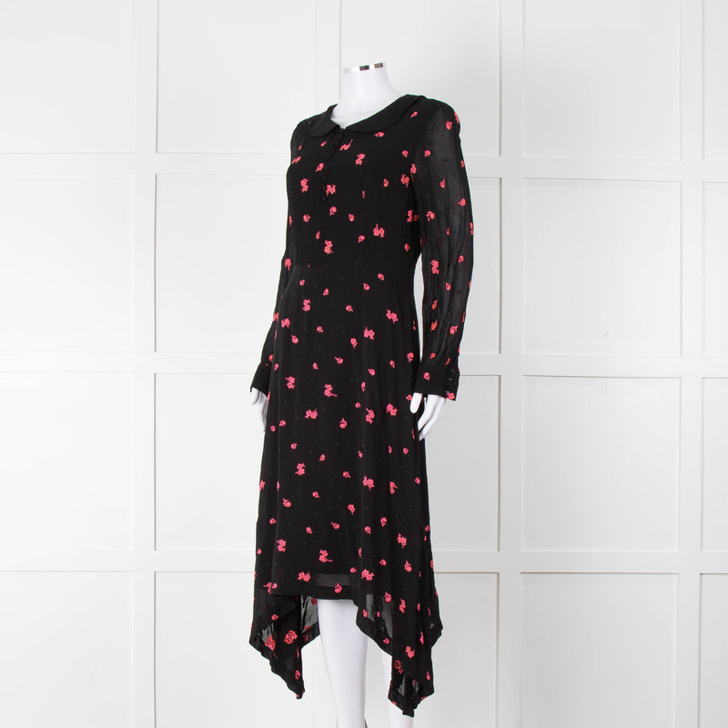 Claudie Pierlot Black Pink Floral Long Sleeve Asymmetric Bottom Dress