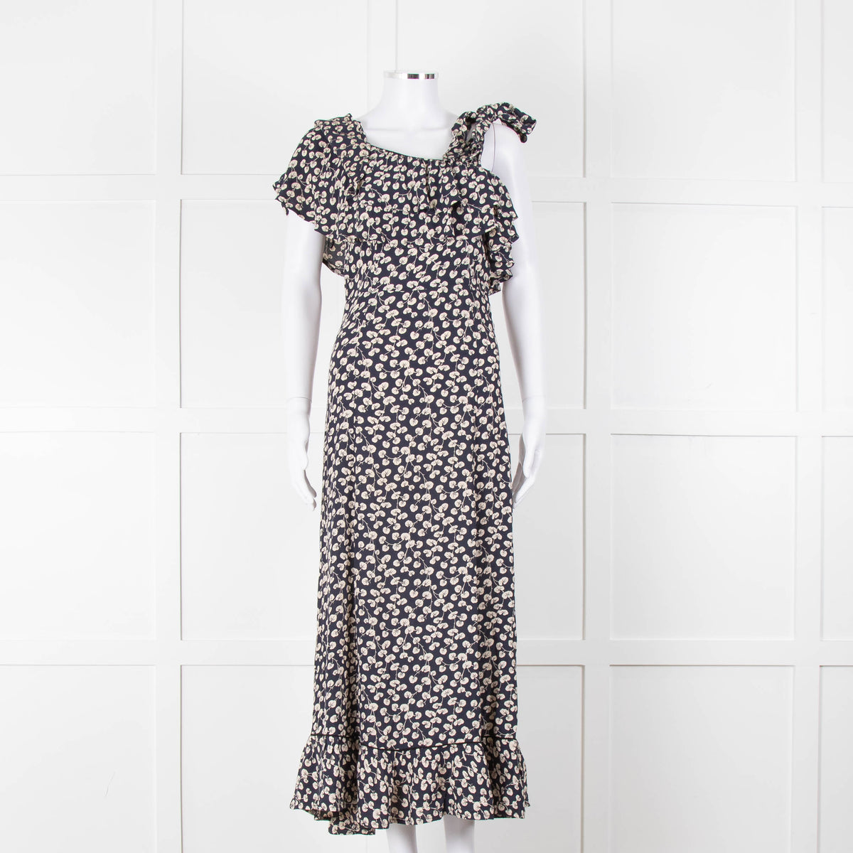 Ganni Navy Cream Floral Asymmetric Top Long Dress