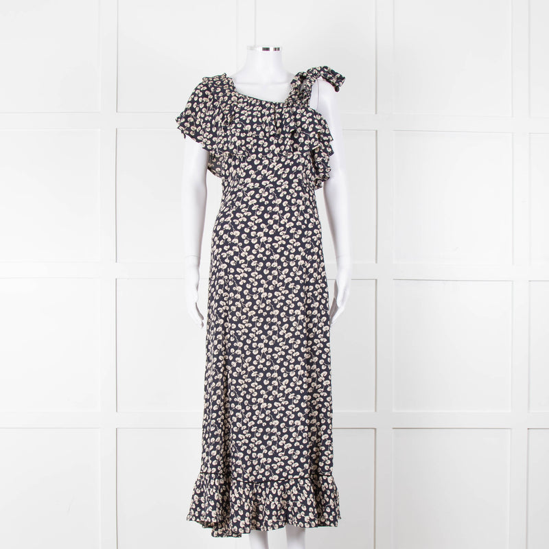 Ganni Navy Cream Floral Asymmetric Top Long Dress