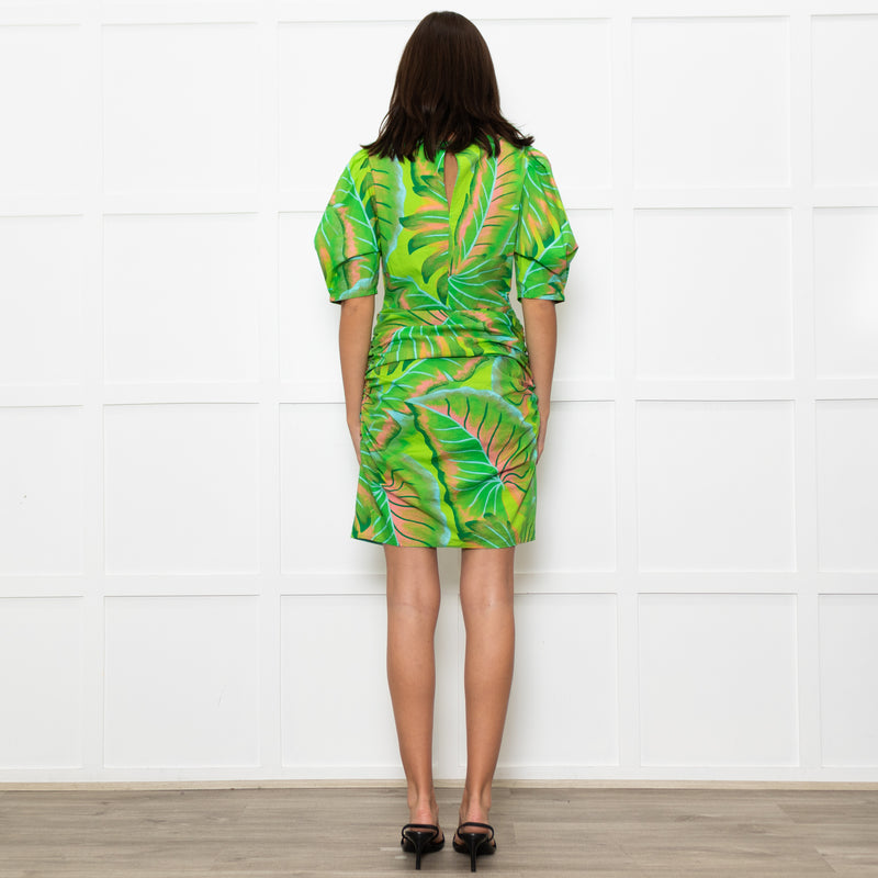 Farm Rio For Anthropologie Green Pink Leaf Print Short Dress