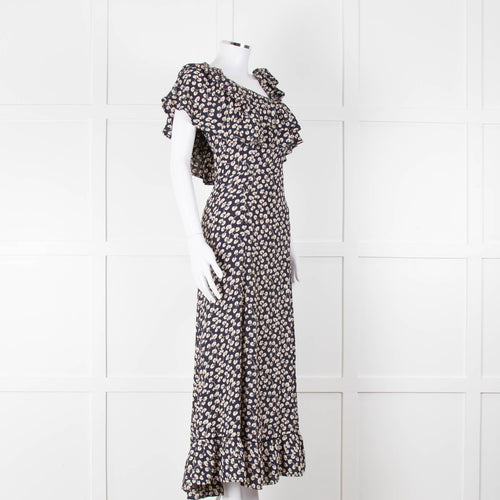 Ganni Navy Cream Floral Asymmetric Top Long Dress
