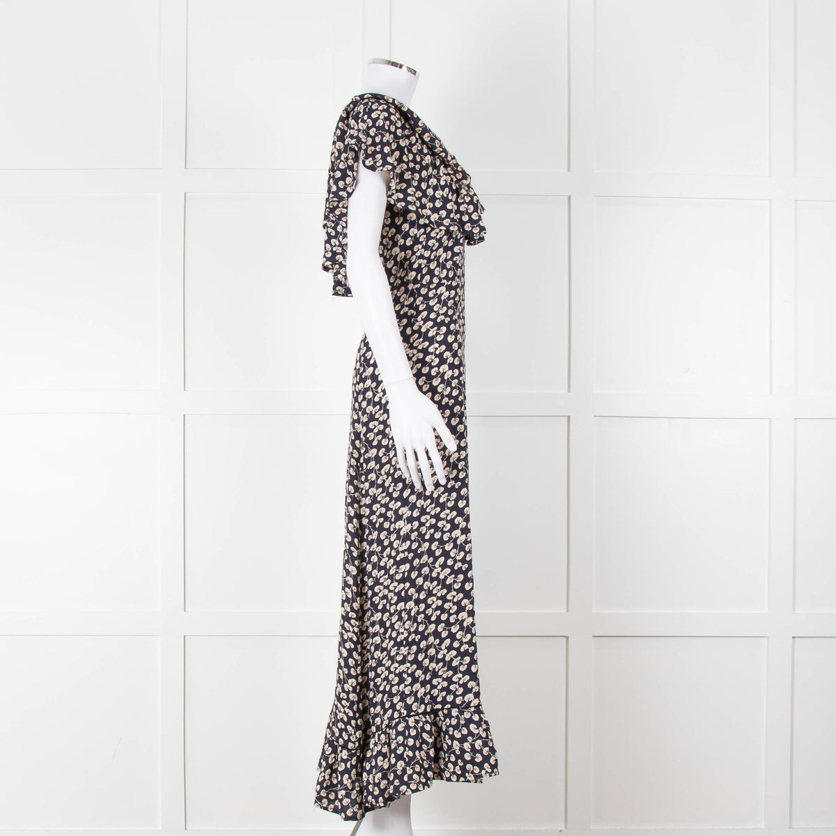 Ganni Navy Cream Floral Asymmetric Top Long Dress
