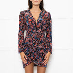 Iro Black Orange Blue Floral Sleeved Wrapped Front Mini Dress