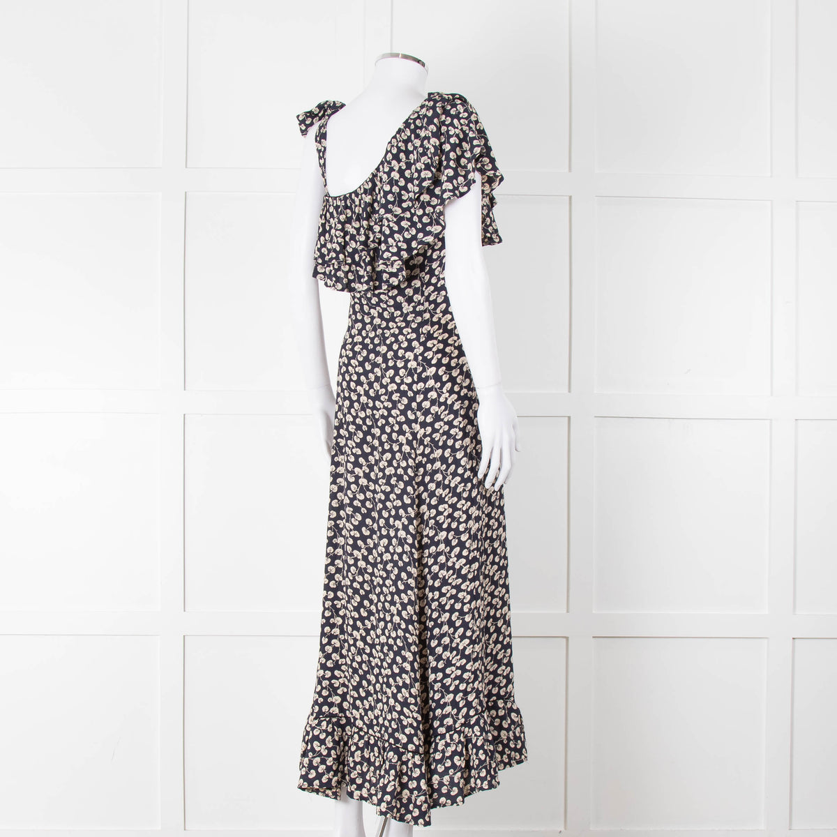 Ganni Navy Cream Floral Asymmetric Top Long Dress