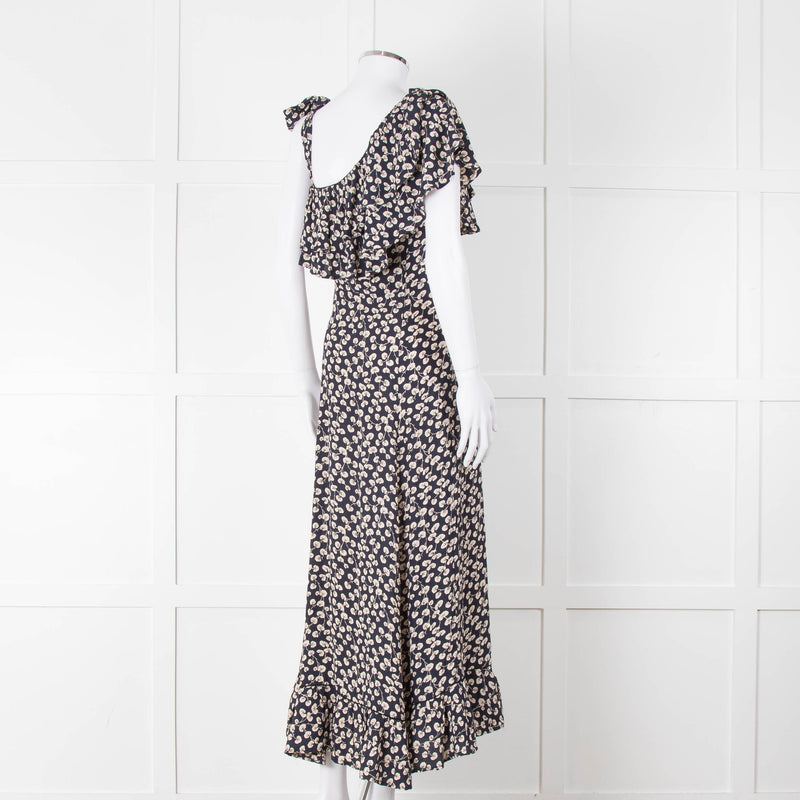 Ganni Navy Cream Floral Asymmetric Top Long Dress