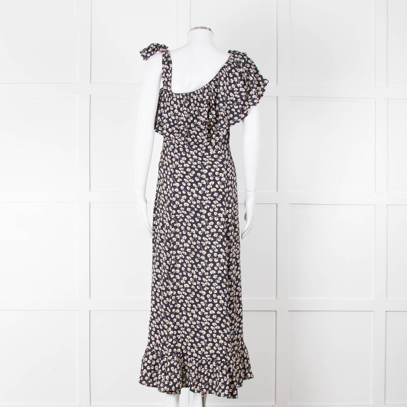 Ganni Navy Cream Floral Asymmetric Top Long Dress