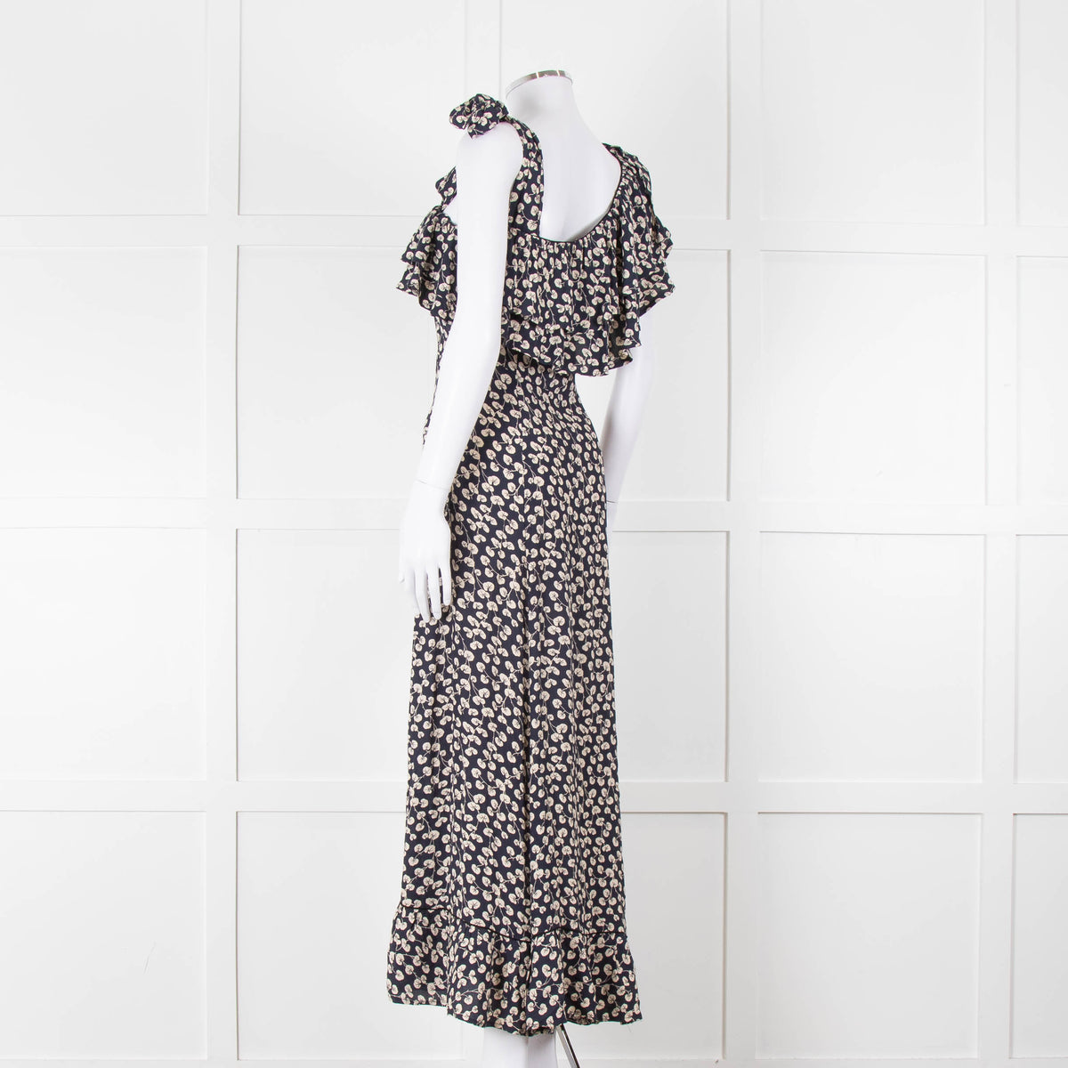Ganni Navy Cream Floral Asymmetric Top Long Dress