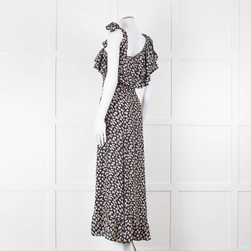Ganni Navy Cream Floral Asymmetric Top Long Dress