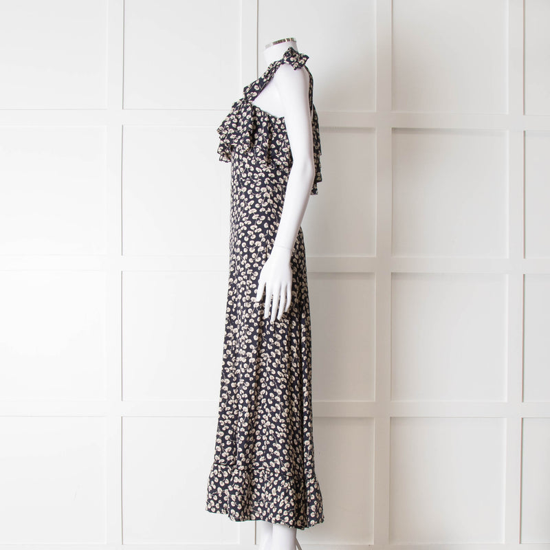 Ganni Navy Cream Floral Asymmetric Top Long Dress