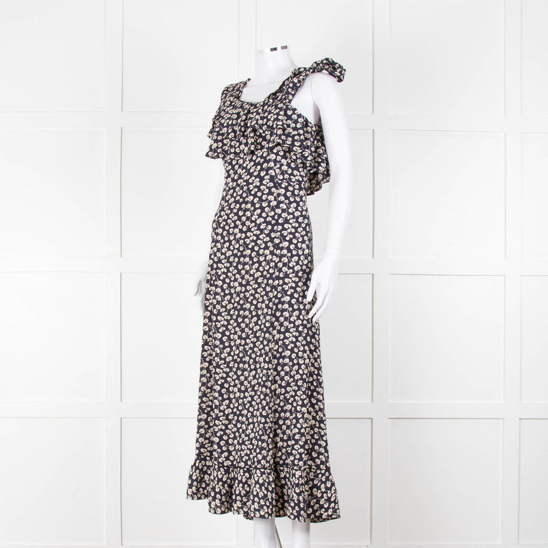 Ganni Navy Cream Floral Asymmetric Top Long Dress