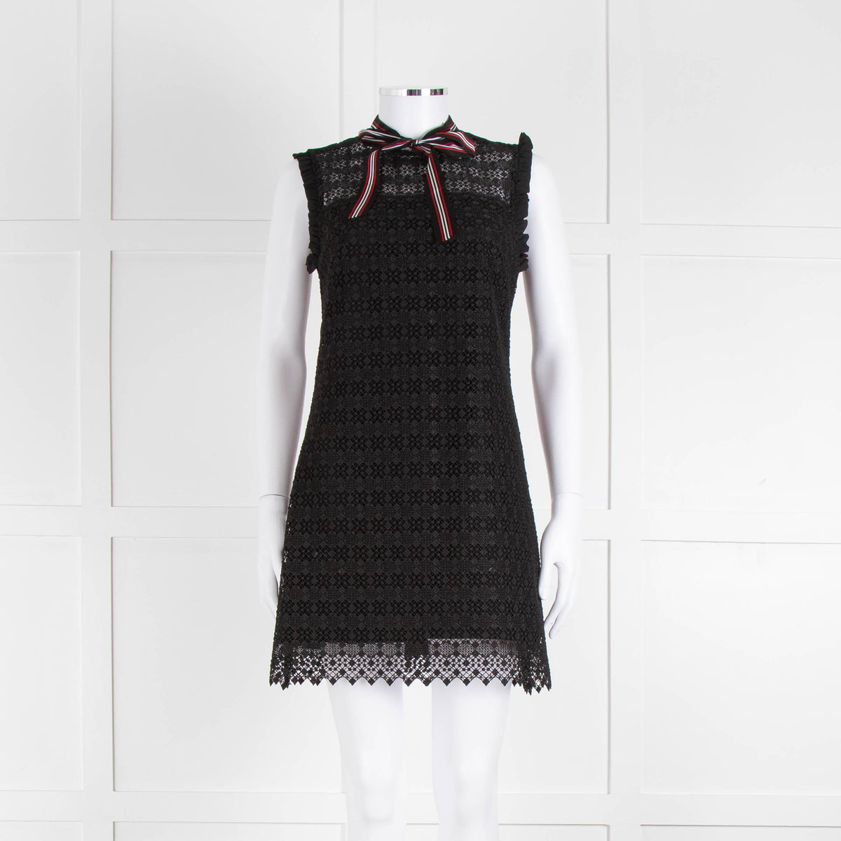 Sandro Black Lace High Neck Shift Dress with Red Tie Neck
