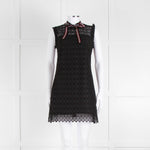 Sandro Black Lace High Neck Shift Dress with Red Tie Neck