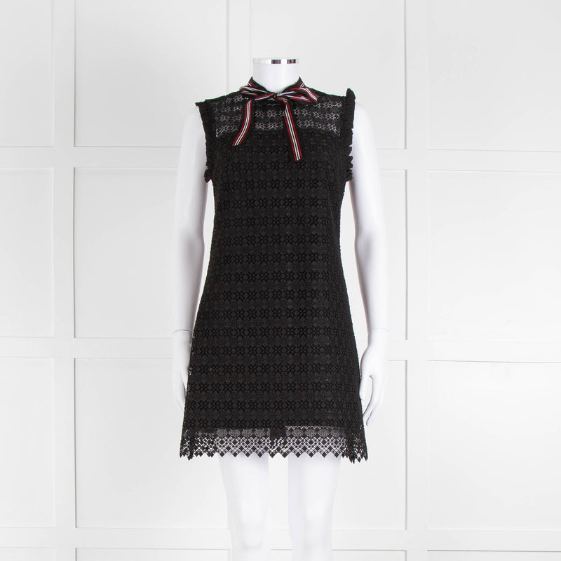 Sandro Black Lace High Neck Shift Dress with Red Tie Neck