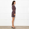 Iro Black Orange Blue Floral Sleeved Wrapped Front Mini Dress
