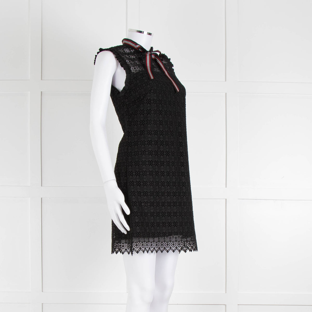 Sandro Black Lace High Neck Shift Dress with Red Tie Neck