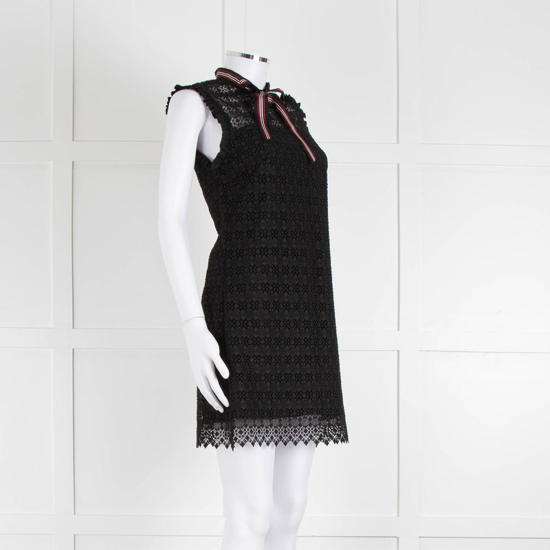 Sandro Black Lace High Neck Shift Dress with Red Tie Neck