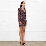 Iro Black Orange Blue Floral Sleeved Wrapped Front Mini Dress