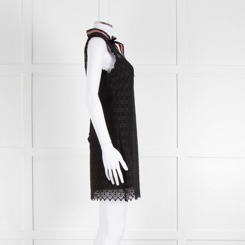 Sandro Black Lace High Neck Shift Dress with Red Tie Neck