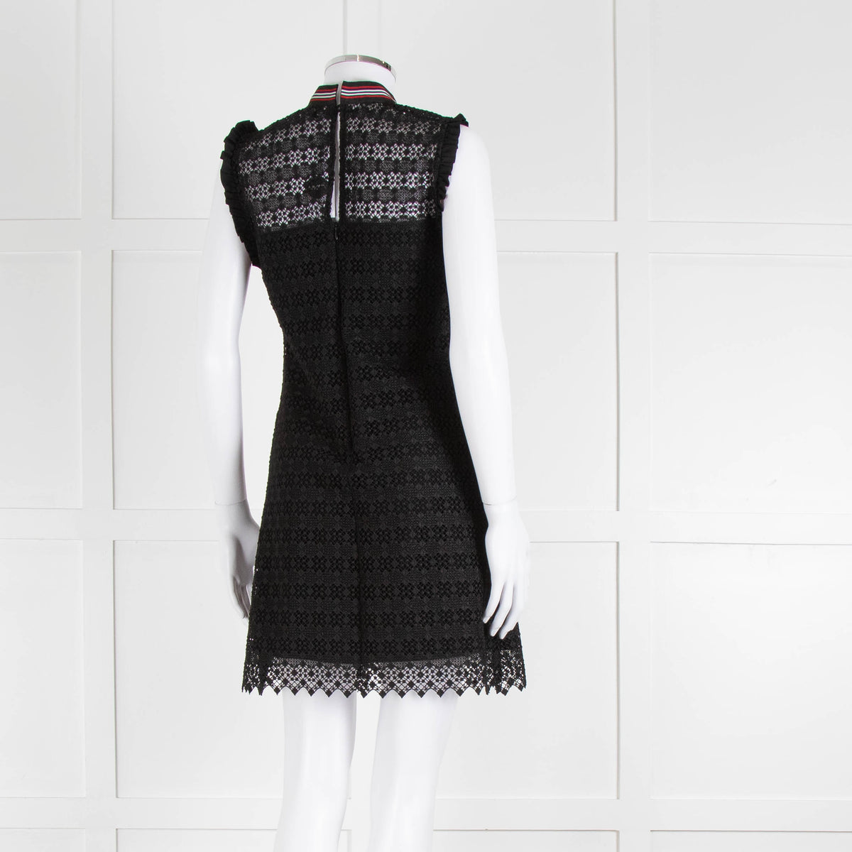 Sandro Black Lace High Neck Shift Dress with Red Tie Neck