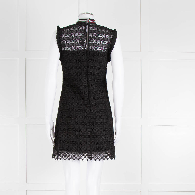 Sandro Black Lace High Neck Shift Dress with Red Tie Neck