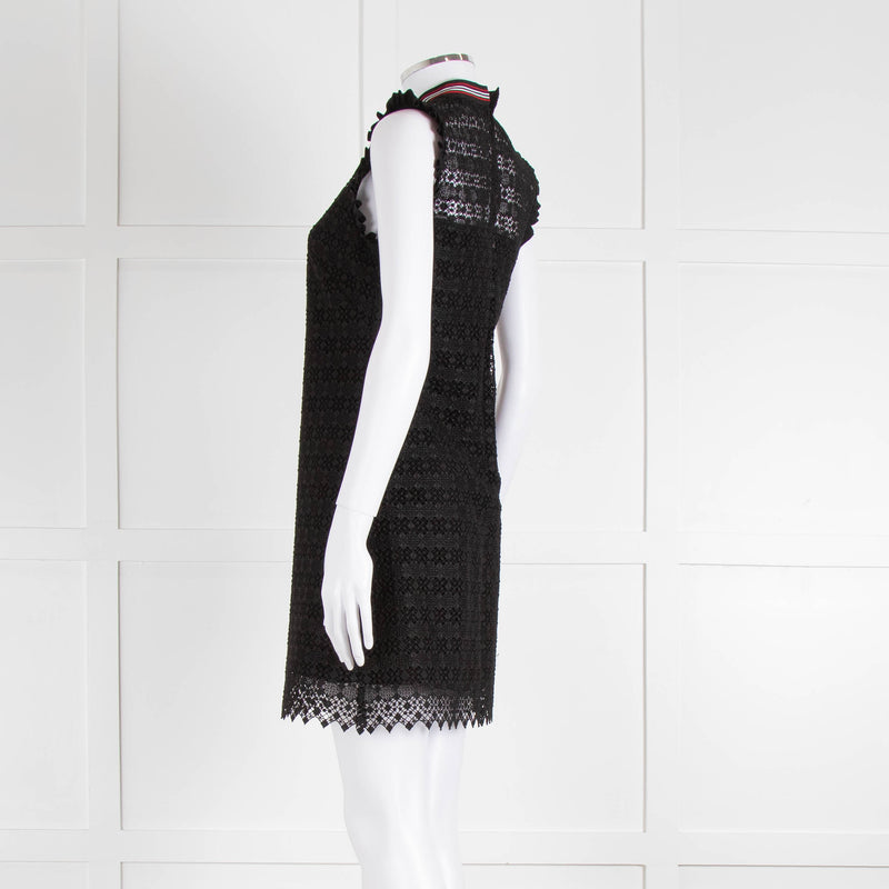 Sandro Black Lace High Neck Shift Dress with Red Tie Neck