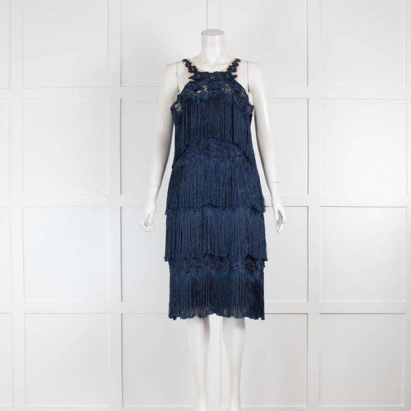 Marchesa Notte Fringed Blue Dress